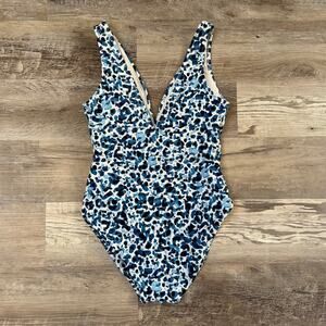 Tommy Bahama Swimsuit Blue Leopard Print One Piece Deep V Plunge Resortwear 8